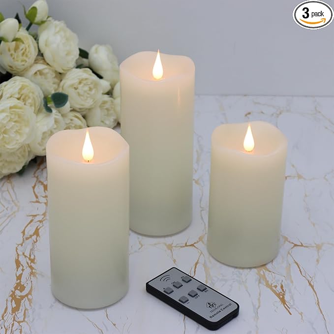 3 Pack Flickering Flameless Candles Battery Operated with Timer, 3D Moving Flame Last 1000+ Hours, Ivory Real Wax Electric LED Pillar Candle for Wedding Christmas Decorations