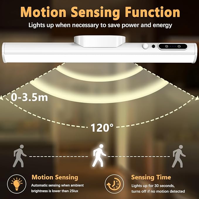 Hapfish Motion Sensor LED Light Bar Indoor, Rechargeable Under Cabinet Lighting Wireless, Magnetic Battery Powered Operated Wall Strip Lights with Remote Control for Mirror Closet Counter - White
