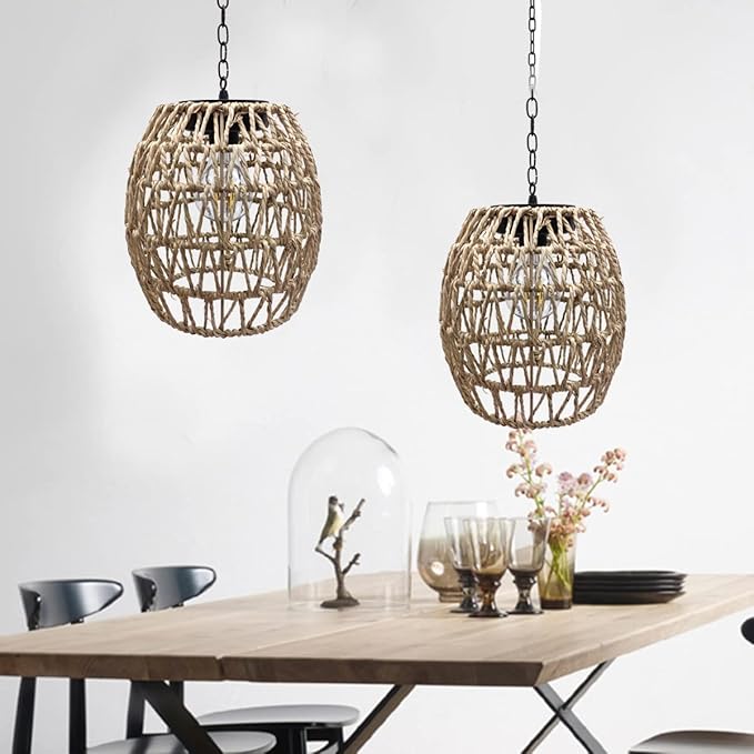 Larekook Hanging Solar Lanterns Outdoor Waterproof, Natural Seeweed Rattan Lantern Bamboo Woven Hanging Pendent Light with Edison Bulb,Solar Chandelier Outdoor Light for Gazebo Garden Porch Patio