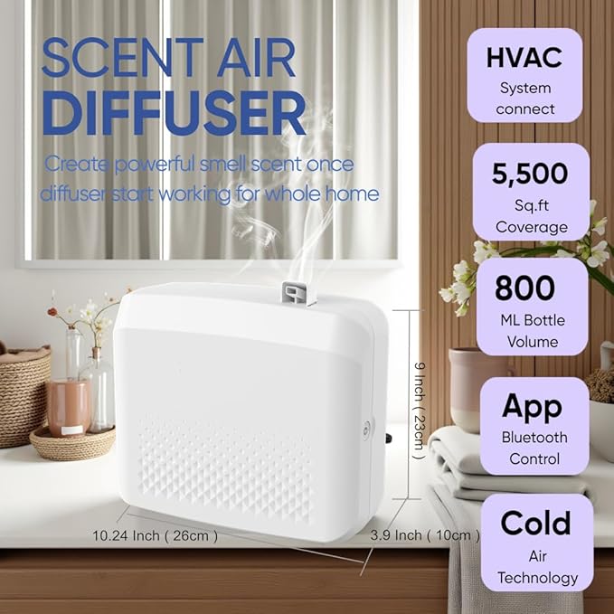 Scent Machine Bluetooth App for 5,500 Sq.ft Larger Rooms & HVAC System, Waterlss Cold-Air Scent Diffuser for Home, Hotels, Oil Diffuser with Lasting-Long Scent