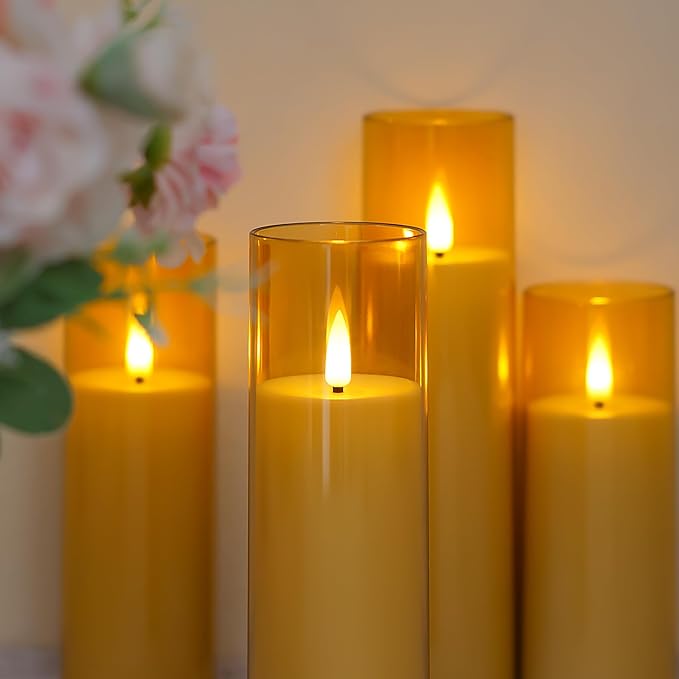 Acrylic Flameless Flickering Candles with Remote Control and Timer, Battery Operated LED Fake 2.2" x 5",6",7",8",8" Plastic Pillar Candles for Home Decor(Long-Lasting, Gold)