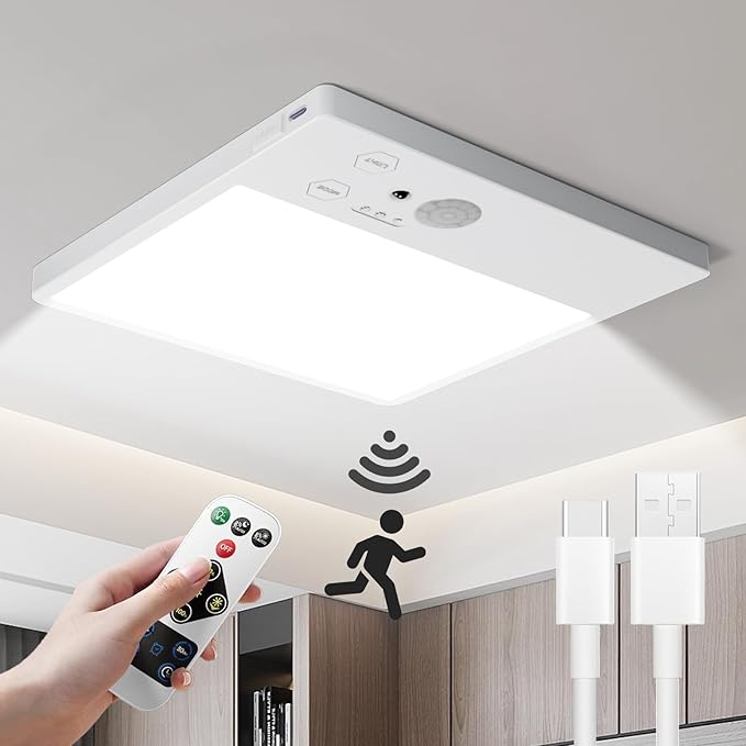 Rechargeable Motion Sensor Light Indoor with Remote,Closet Lights Motion sensored,Magnetic Wireless Ceiling Light ,Motion Sensor Light Indoor,12000mAh Wireless Ceiling Light for Closet ShowerStairs