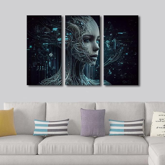3 Pieces Colorful Canvas Wall Art Future Technology Posters Artificial intelligence Canvas Print Kit for Home Office Wall Decoration Wooden Framed Gallery-Wrapped Ready to Hang, 42" Wx28 H