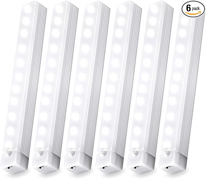 6 Pack Under Cabinet Light,Rechargeable Indoor Wireless Closet Lights for,Stairs Cabinet,Kitchen,Motion Sensor LED Lights with Magnetic 8 inch