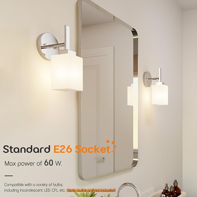 Vanity Lighting Fixtures Polished Chrome Bathroom Lights with White Frosted Glass Shade, Wall Sconces for Mirror Hallway Entrance, 2 Pack T002CH-L1-P2