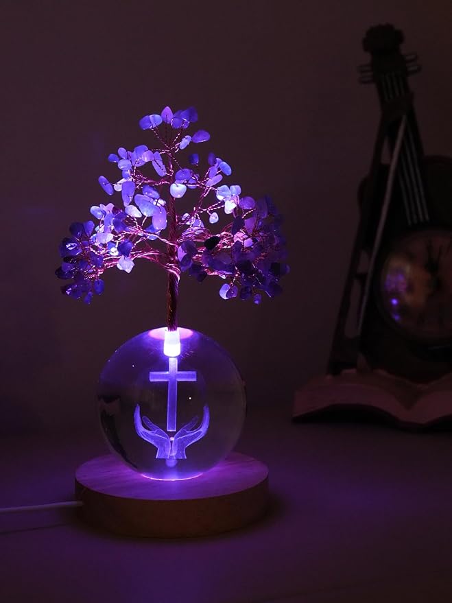 Crystal Tree of Life for Positive Energy, Chakra Healing Tree with Remote Control Multicolor Night Light for Home Decor, Office Desk Decor, Religious Gifts for Women Men (Cross & Hands)