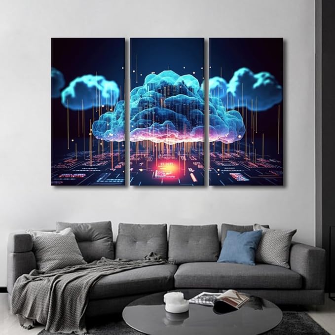TUMOVO 3 Panel Canvas Wall Art Cloud Networking, Crypto, AI, Firewall Network Security Pictures Print on Canvas Wall Art for Home Decorations, Wooden Framed Ready to Hang, 60" Wx40 H