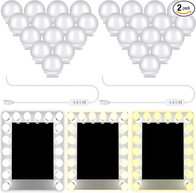 Tuanse 2 Sets Vanity LED Lights Kit 28 Dimmable Bulbs with 3 Color Modes, Plug in Makeup Mirror Light with Adjustable Color and Brightness for Bedroom Bathroom, USB Cable, No Mirror Included