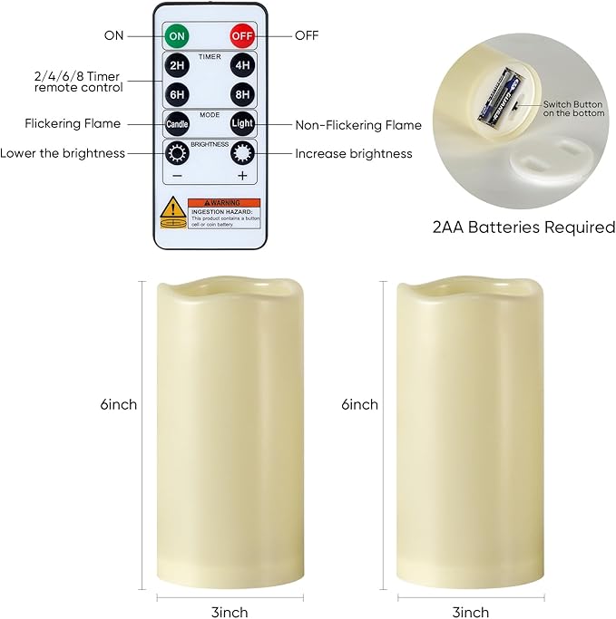 5plots 3" X 6" Outdoor Waterproof Candles, Battery Operated Led Ivory White Flameless Candles with 10-Key Remote & Timer for Indoor Home Lantern Holiday Decor, Set of 2
