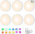 HELPLEX LED Puck Lights with Remote, 6 Pack Color Changing RGBW Stick-On Light, Battery Powered, Dimmable Under Cabinet Lighting with Timer & Memory, Wireless Push Lights for Kitchen & Closet
