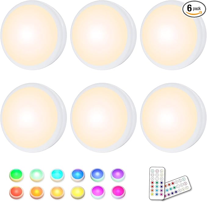 HELPLEX LED Puck Lights with Remote, 6 Pack Color Changing RGBW Stick-On Light, Battery Powered, Dimmable Under Cabinet Lighting with Timer & Memory, Wireless Push Lights for Kitchen & Closet