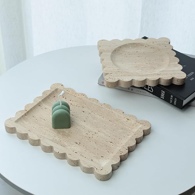 Natural Travertine Vanity Tray - 10.8"x8" Scalloped Marble Tray for Bathroom Kitchen Counter - Catch All Tray for Nightstand and Home Décor