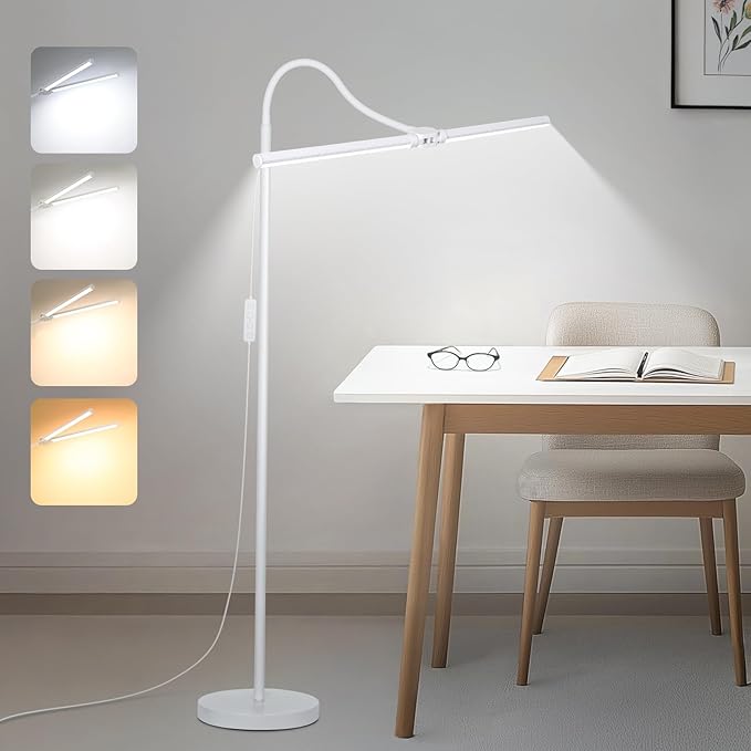 White Floor Lamp, 18W/2000LM Bright LED Floor Lamp for Living Room, Adjustable Gooseneck Dimmable Standing Office Task Lamp for Reading, Study, Eye Caring Lash Light for Sewing Tatoo Facial Spa