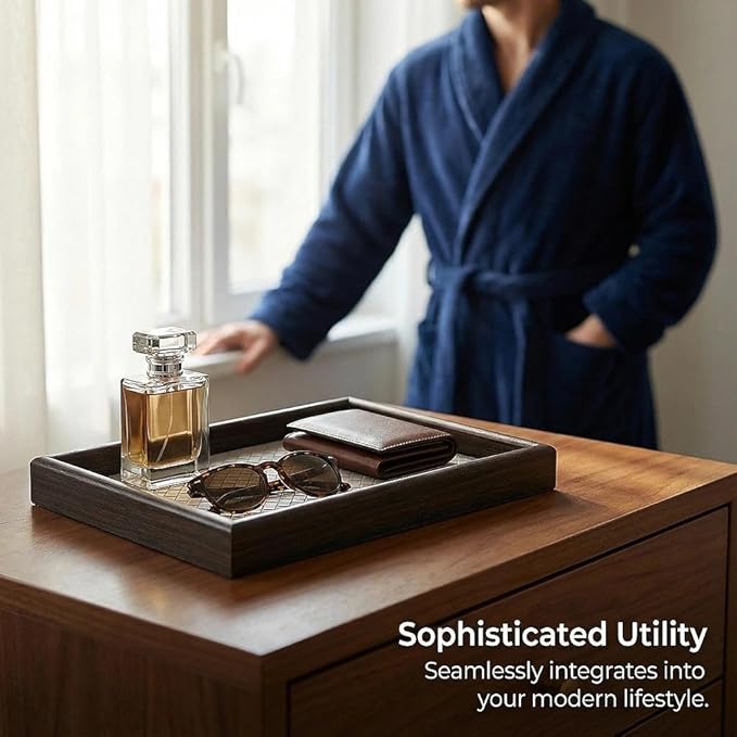 Zosenley Wooden Valet Tray with Leather Base - Nightstand Catchall Organizer for Cologne, Perfume, Keys, Wallet, Phone, Watch, Jewelry & Sunglasses (Llight Gray)