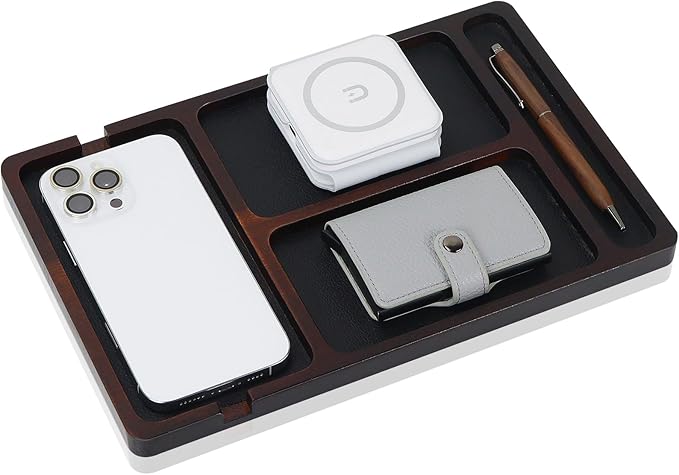 MultiBey Acacia Wood Valet Tray with Leather Inlay | Mens Valet Tray & Desk Organizer | Elegant EDC Catchall Trays for Phone, Wallet, Keys, Watch, Jewelry