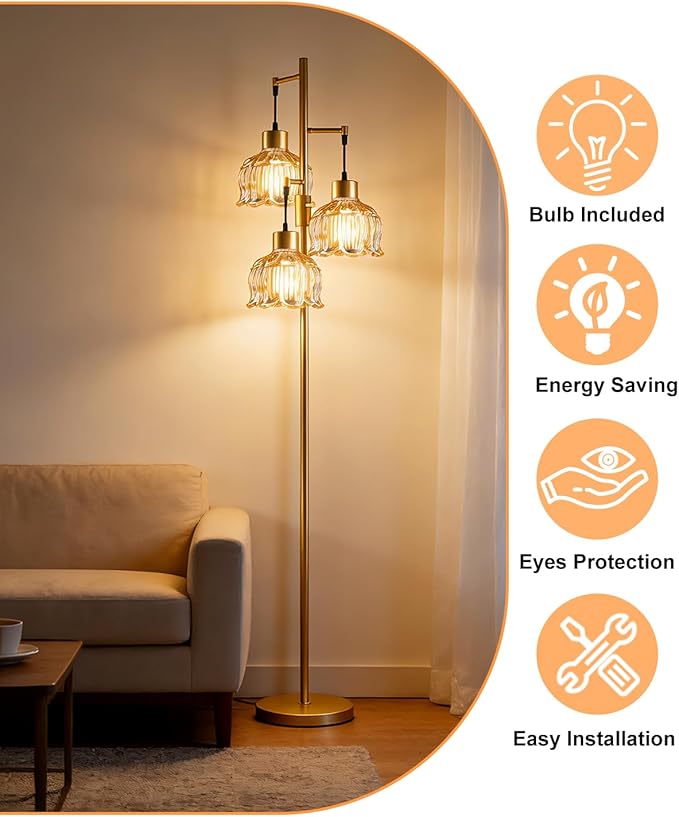 Gold Floor Lamps for Living Room, 3-Light Dimmable Floor Lamp with Brown Glass Shade& E12 Bulbs Included, 65'' Mid Century Tall Standing Lamp for Bedroom/Sofa Beside/Corner Decor