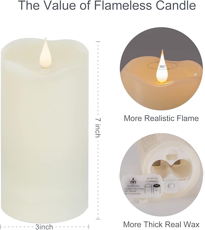 Flameless Candles with Remote Timer, 3D Moving Flickering Flame Battery Operated Candles Lasting 1000+ Hours, 3" x 7" Ivory Real Wax Electric LED Pillar Candles, Set of 2