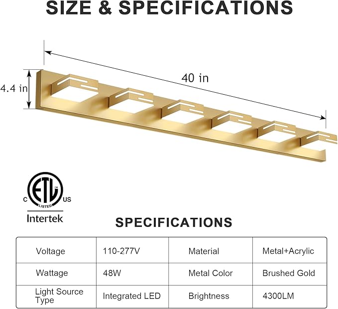 LED Modern Bathroom Vanity Light Fixtures, 6-Light 40-inch Dimmable Gold Vanity Lights for Bathroom Lighting Fixtures Over Mirror, with 350° Rotatable Heads (Cool White 6000K)