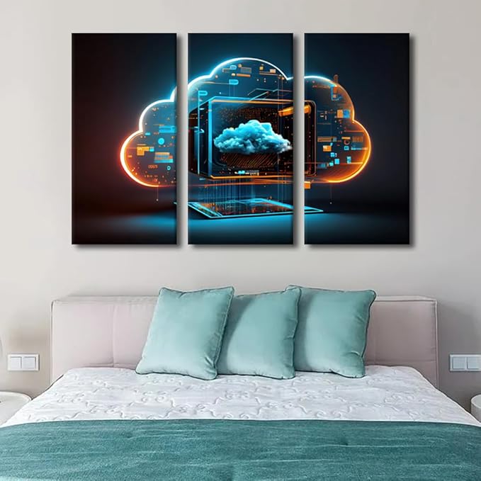Large Canvas Wall Art 3 Piece Concept of Cybersecurity and Data Protection Print Art for Bedroom Living Room Wall Decoration, Wooden Framed Gallery-Wrapped Ready to Hang, 60" Wx40 H