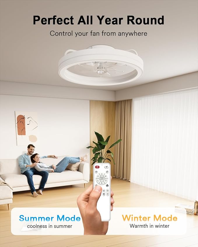 Lumary Smart Ceiling Fan Light with 2200K Nightlight, WiFi & Bluetooth Low Profile Ceiling Fan with Light Remote for Bedroom, RGBAI & 42 Scenes Mode, Flush Mount Easy to Install, 5000 LM, 19in White