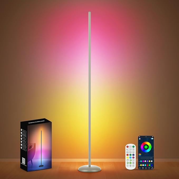 Corner Floor Lamp Silver, Smart RGB LED Corner Lamp with App & Remote, Modern Floor Lamp for Living Room, Bedroom, Color Changing Standing Lamps with 16 Million Colors, Scene Modes, Music Sync