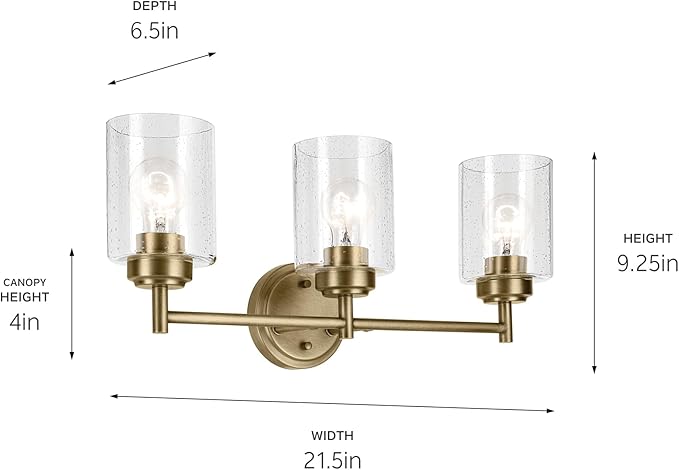 Kichler Winslow 21.5" 3-Light Vanity Light with Clear Seeded Glass in Natural Brass for Vanity, Luxe Industrial, (21.5" x 9.25"), 45886NBR