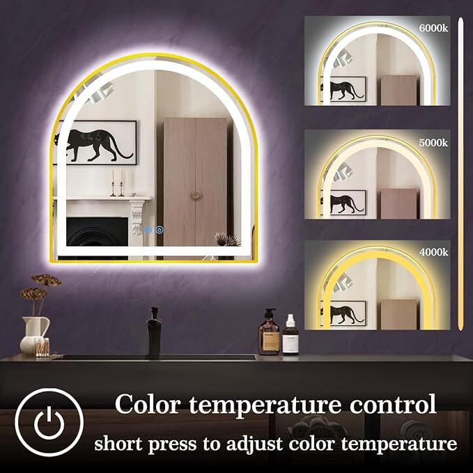 24 x 26 Inch Gold Arch LED Mirror for Bathroom Wall Makeup Desk Table Gold Arched Vanity Mirror with Lights AntiFog Smart Memory 3 Color Dimmable 26 Golden Frame Arched Lighted Vanity Mirrors
