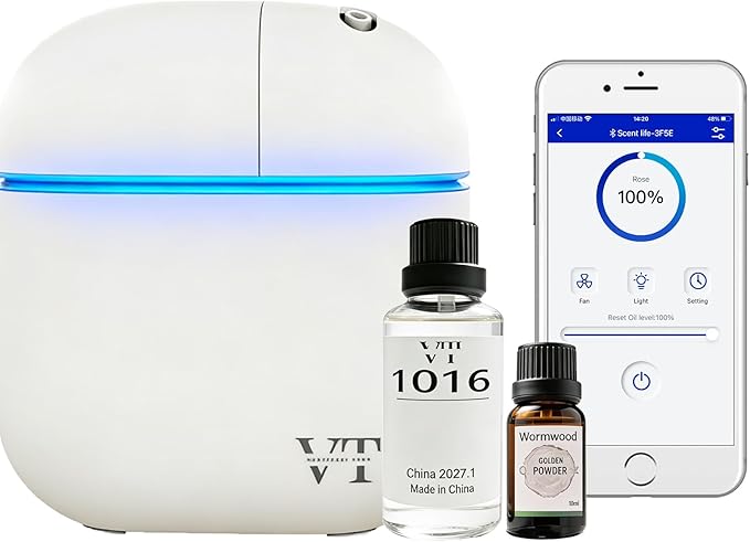 Waterless Essential Oil Diffuser 3000 Sq.Ft, Home Hotel Office Use, Scent Kit with Oil, Cold Air Scent Machine, Bluetooth App Control, LED Light, Wall-Mounted Aroma Diffuser