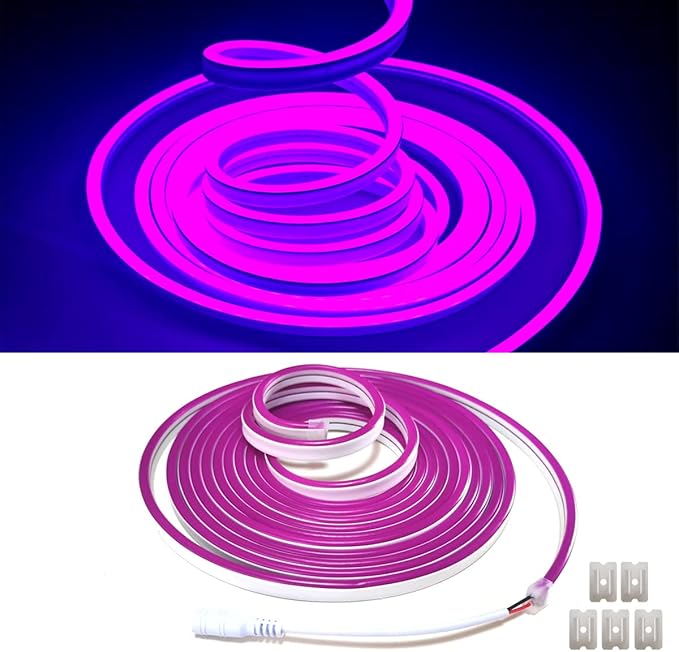Purple Neon LED Strip Light, 16.4ft/5M Flexible Rope Light - 12V DC, 600 LEDs, Waterproof for Indoor & Outdoor Home Decor (Include Power Adapter)