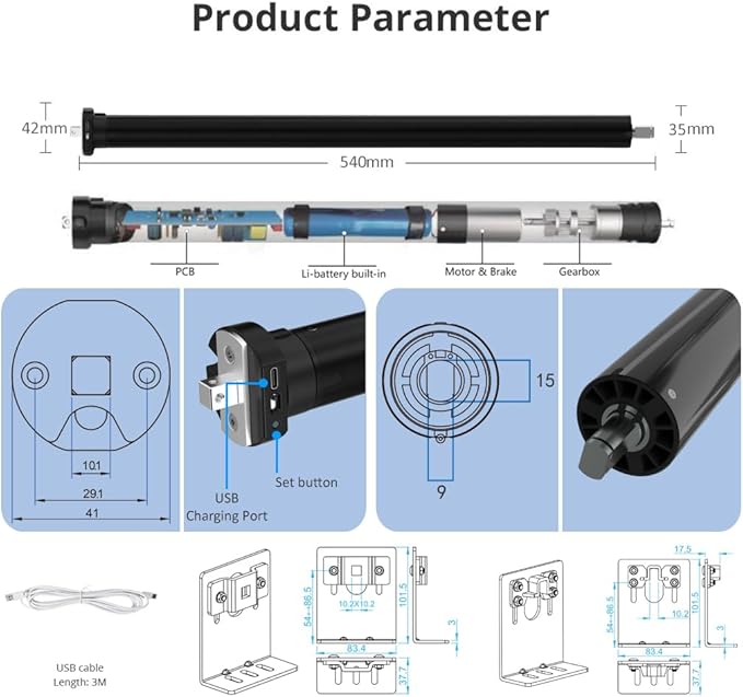 Remote Control Rechargeable Electric Roller Shade Motor, High Torque Tubular Motor for, Built-in 5000mAh Batteries Heavy Duty DIY Retrofit Kit (6.0 N.m for Φ40mm (1.57") Round Tube)