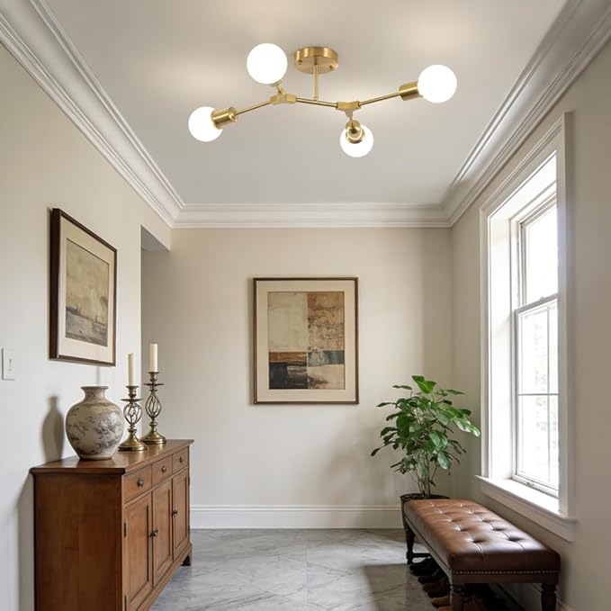 Modern Semi Flush Mount Ceiling Light,Mid Century 4 Light Lighting Fixture for Dining Room Bedroom Kitchen Foyer Entryway Hallway,Metal Gold Sputnik Chandelier