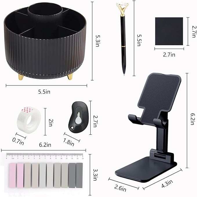Office Supplies,Desk Accessories,with Stapler,Tape Dispenser,Staple Remover,Scissor,Ballpoint Pen,Sticky Notes,Clear Tape,Staples,Desk Organizer,Phone Stand,Binder,Index Tabs,Best Gift Set(Black)