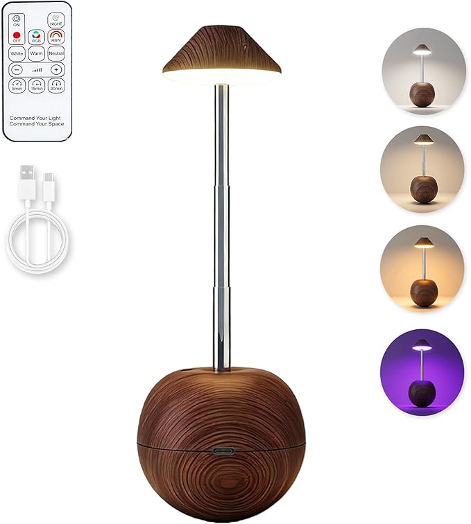 yadoker Tumbler Table Lamp with Remote, Cordless Touch Bedside Lamp, Rechargeable USB Small Lamp for Nightstand, Multiple Colors Dimmable Mushroom Shape Night Light for Nursery, Bedroom (Walnut)