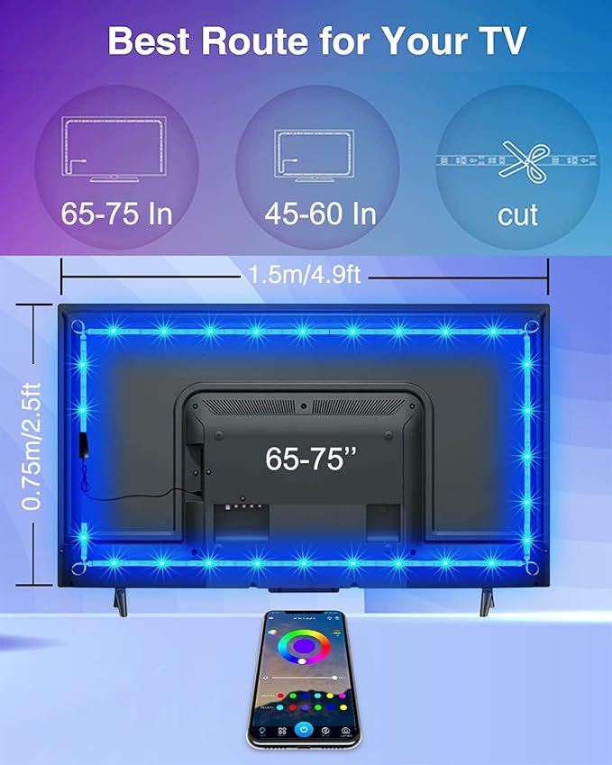 GUPUP Color Changing Bluetooth LED Lights for TV, Smart App Control with 15ft Strip - USB Powered Backlight for Bedroom, Gaming Room, PC, Mirror, Fits 55-75 Inch TVs,15ft