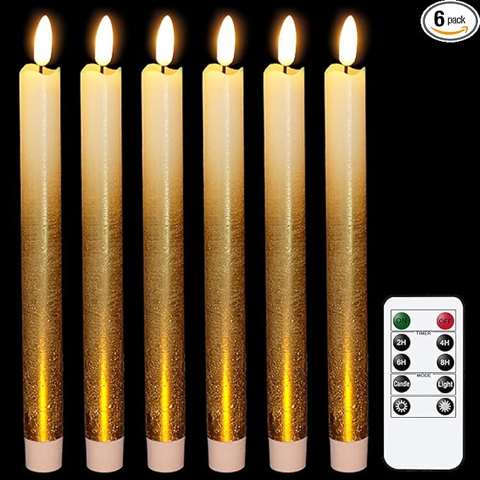 Wondise Gold Flameless Taper Candles with Timer & Remote, 9 Inch Battery Operated LED Flickering Window Candle for Christmas Thanksgiving Decorations, Set of 6