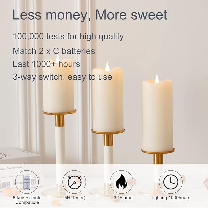 Flameless Candles with Remote Timer, 3D Moving Flickering Flame Battery Operated Candles Lasting 1000+ Hours, 3" x 7" Ivory Real Wax Electric LED Pillar Candles, Set of 2