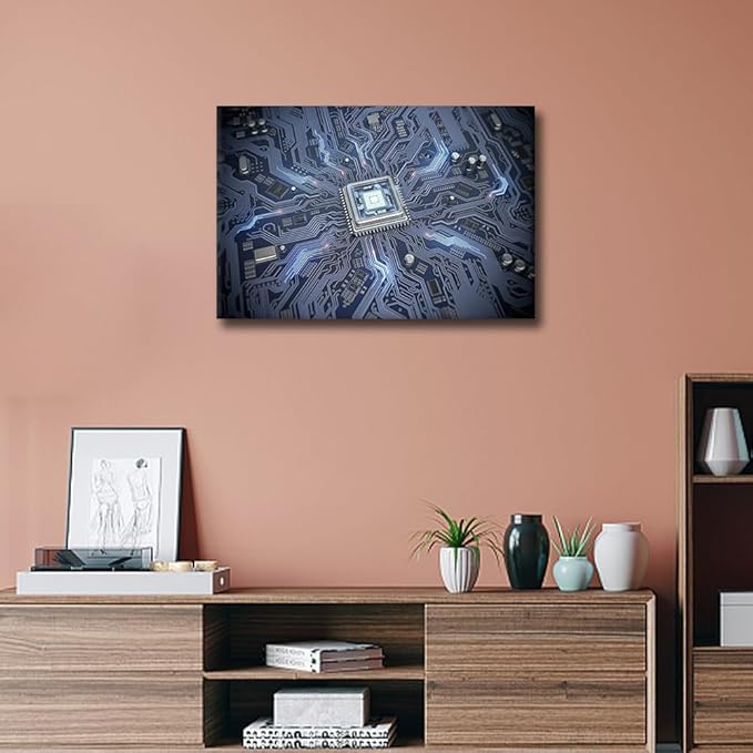1 Panel Computer Chip Canvas Prints CPU Concept Wall Art Paintings Circuit Board Posters Stretched AI Pictures for Living Room Modern Home Decor Framed Wall Art Decorations, 24x16in