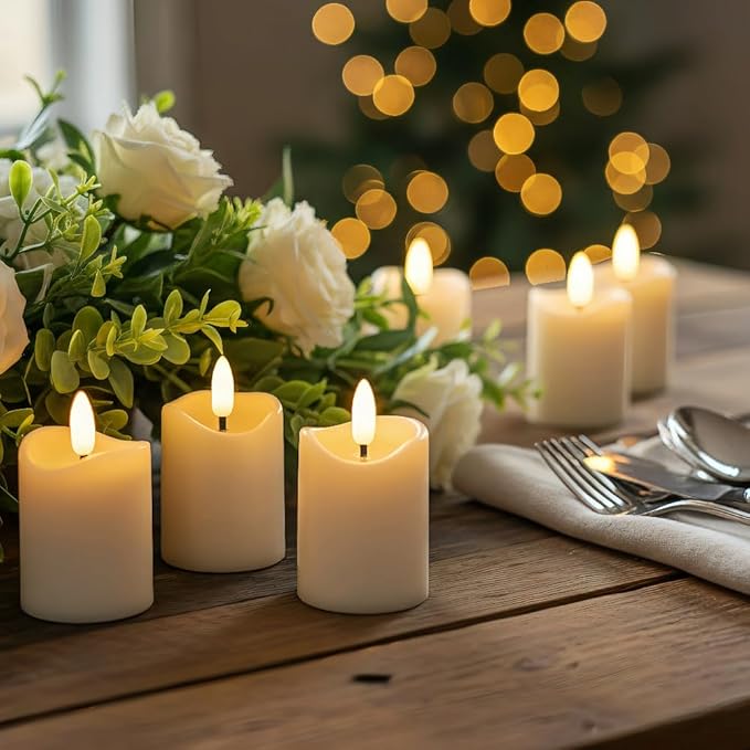 Simplelight Ivory Flameless Votive Candles with Timer, Realistic Black Wick Fall Candles Battery Operated, Battery Included, D 1.8” X H 3.1”, Set of 6 for Halloween, Holiday Decoration (Ivory)