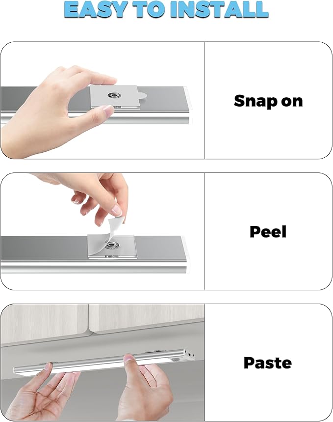 ASOKO Under Cabinet Lights Motion Sensor USB-C Rechargeable LED Closet Lights Battery Operated Wireless Magnetic Light Strip for Kitchen(Multi-Colored,3 Packs-12inch