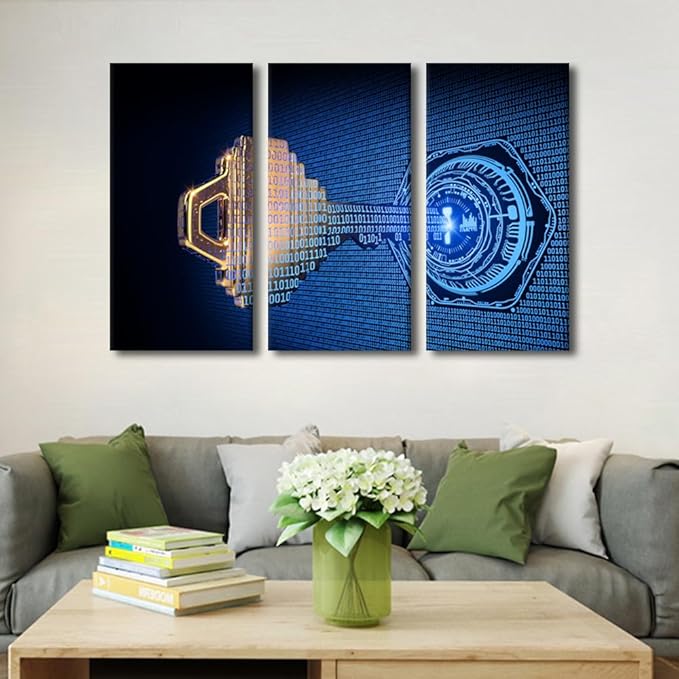 3 Panel Canvas Wall Art A Key Formed from Binary Code Goes Into an Abstract Lock Pictures Posters, Cybersecurity Artwork Wooden Framed Gallery-Wrapped Ready to Hang, 42" Wx28 H