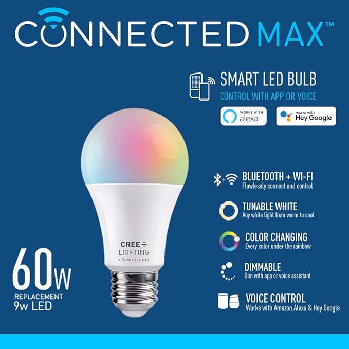 Cree Lighting Connected Max Smart Led Bulb A19 60W Tunable White + Color Changing, 2.4 Ghz, Works with Alexa and Google Home, No Hub Required, Bluetooth + WiFi, 1Pk