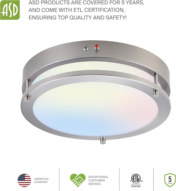 ASD LED 14" Round Flush Mount Lighting, Close to Ceiling Light Fixture | 3CCT, Dimmable, Battery Backup, ETL Listed | 21W 1854LM 3000-5000K 100-277V | Low Profile Double Ring Lamp | Nickel