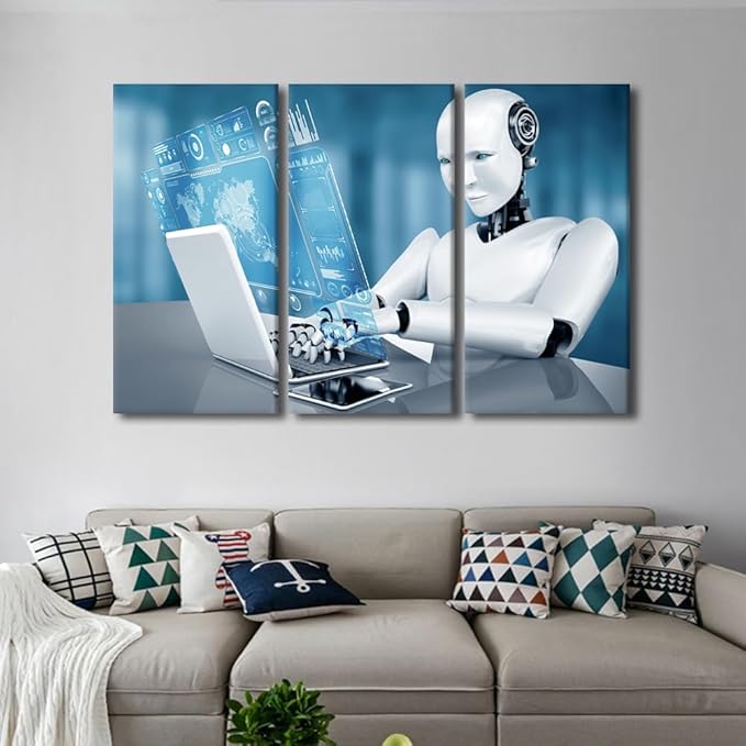 3 Pieces Canvas Wall Art Robot Framed Art Prints Big Data Analysis Artwork Prints on Canvas AI Intelligence Giclee Gallery-Wrapped Posters and Prints Modern Home Decor Framed Ready to Hang, 60"Wx40"H