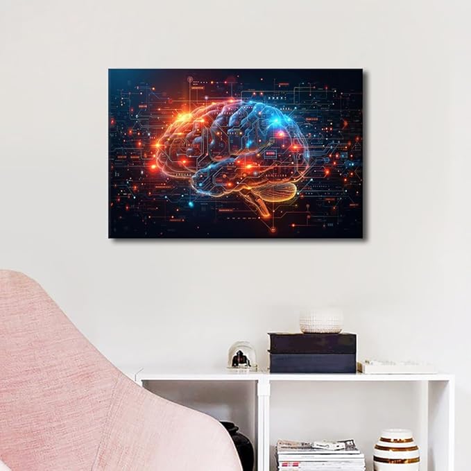 Artificial Intelligence Human Brain Canvas Wall Art Neural Networks Painting Wall Decorations for Living Room Technology Posters Data Code in Brain Pictures for Bedroom Wall Decor 16"Wx24"Hx1 Panel