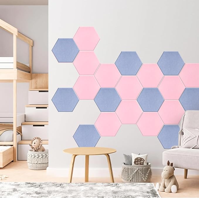 Mollywell Hexagon Acoustic Panels 14x12 - Reduce Echo & Reverb, Noise Blocking Wall Tiles for Bedroom & Nursery, Cherry Blossom Pink Sound Absorbing Panels
