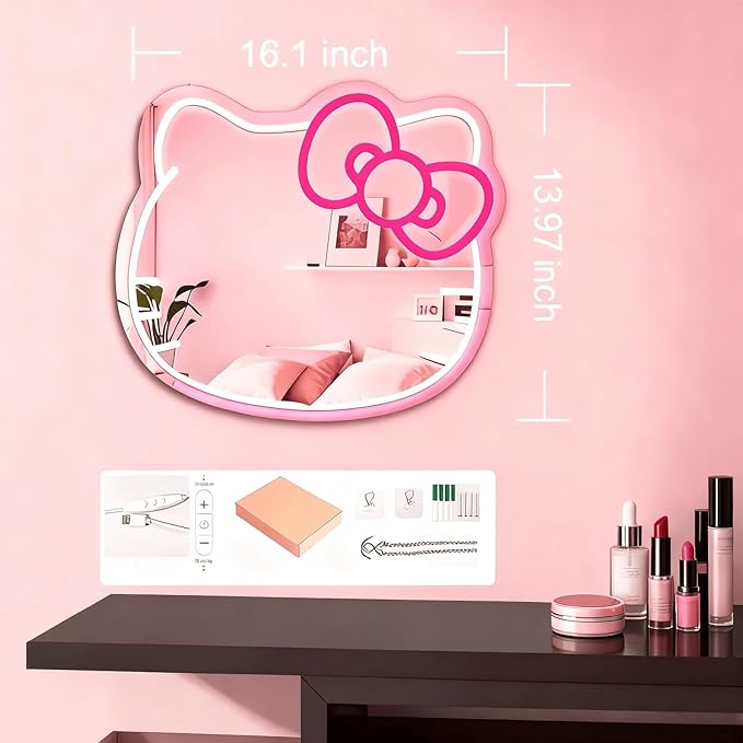 Hello Kit Mirror with Light Neon Signs for Room Decor, USB Powered Cute Cat LED Lights, Teen Girl Best Gift, Makeup Mirror Neon Sign Wall Decor (Warm White)