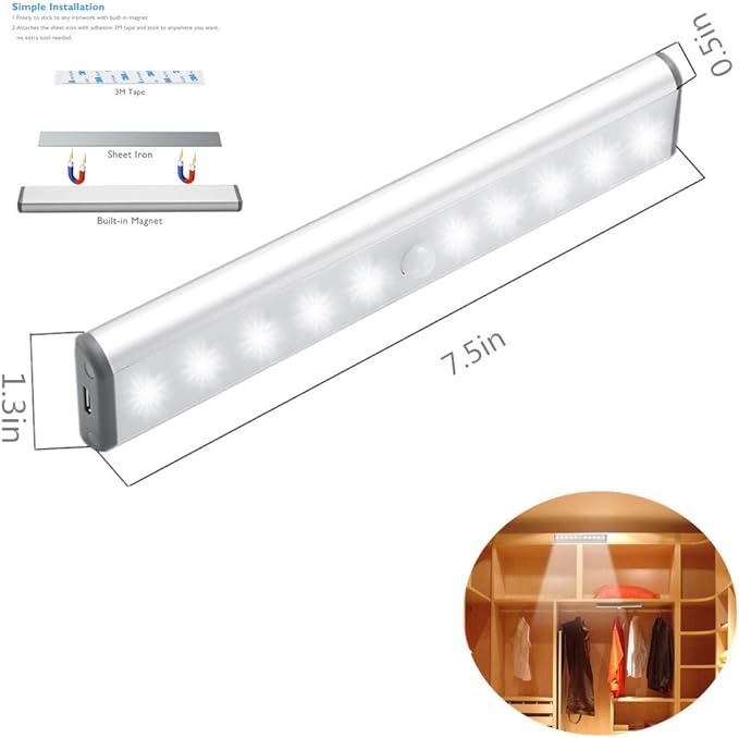 Stick-on Anywhere Portable Little Light Wireless LED Under Cabinet Lights 10-LED Motion Sensor Activated Night Light Build in Rechargeable Battery Magnetic Tap Lights for Closet, Cabinet