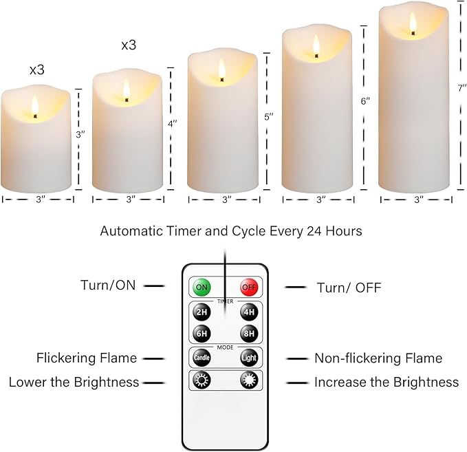 Flameless Candles with Remote, Battery Operated Flickering Flameless Candles, LED Candles with Timer 2/4/6/8H, with Realistic LED Candles Set of 9 (D3 x H 3" 4" 5" 6" 7") (White)