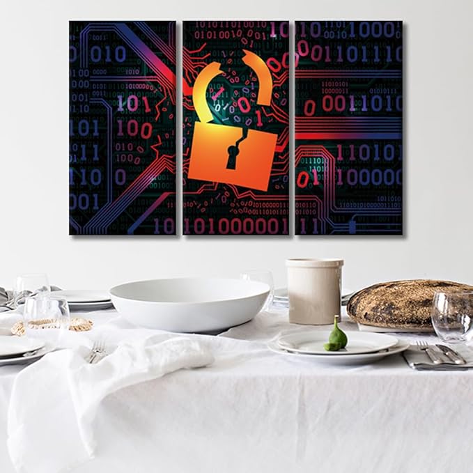 LSIUHWUWI 3 Panel Wall Art for Living Room, Hacking Firewall Hacked with Binary Code Picture Prints on Canvas for Living Room Bedroom Wall Decoration Wooden Framed Ready to Hang, 20x40inchx3