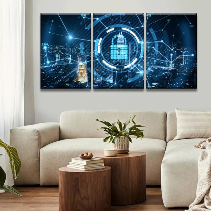 3 Panel Modern Wall Art Data Safety Security Concept Double Exposure Poster on Canvas for Bedroom Living Room Wall Decoration, Cloud Services Artwork Giclee Framed Ready to Hang, 16x24inchx3